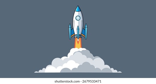 Una nave cohete de dibujos animados se lanza al espacio con una nube de humo. El cohete es blanco y azul, y el humo es blanco. Aislado en un fondo blanco.
