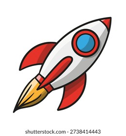 Cartoon rocket ship launching into space. Vector illustration of a white and red spaceship with fire, symbol of startup, success and exploration.