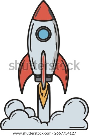 Cartoon Rocket Ship Launching with Smoke and Flames on White Background spaceship space
