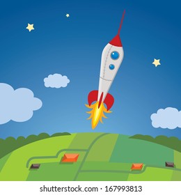 cartoon rocket ship in the sky going outer-space, green fields below
