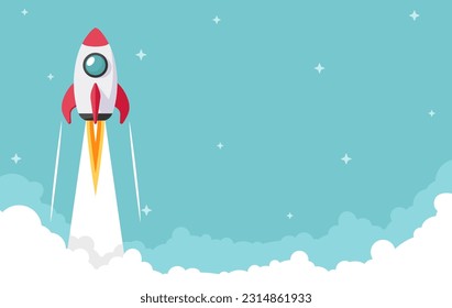 Cartoon Rocket Ship soars above the cloud at power speed. Startup Project New Business idea concept for presentation, banner, poster, web, and background. Vector illustration Flat design.