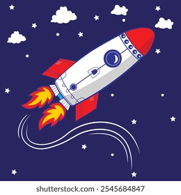 Cartoon rocket ship taking off in the sky with fire and clouds for a successful business or startup launch