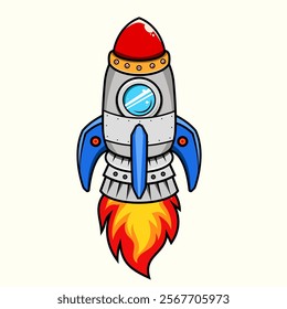 Cartoon rocket ship taking off in the sky with fire and clouds for a successful business or startup launch logo, icon, sticker, symbol, emblem and tshirt design.