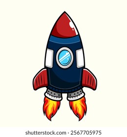 Cartoon rocket ship taking off in the sky with fire and clouds for a successful business or startup launch logo, icon, sticker, symbol, emblem and tshirt design.