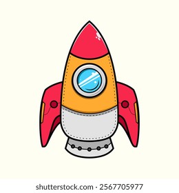 Cartoon rocket ship taking off in the sky with fire and clouds for a successful business or startup launch logo, icon, sticker, symbol, emblem and tshirt design.