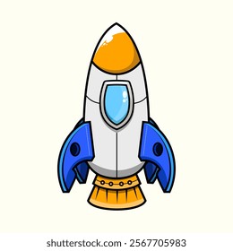 Cartoon rocket ship taking off in the sky with fire and clouds for a successful business or startup launch logo, icon, sticker, symbol, emblem and tshirt design.