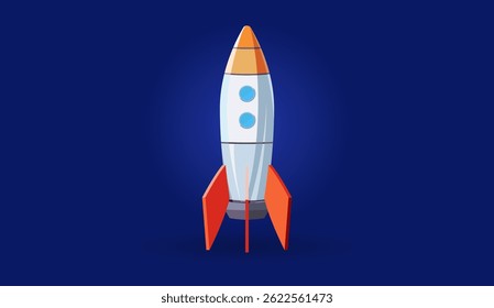 Cartoon rocket ship with a white and orange body standing upright against a deep blue background. Ideal for use in technology, startup, space exploration, or educational contexts.