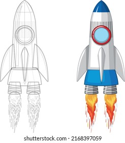 Cartoon Rocket Sketch With Design Space Ship Take Off, Isolated Vector Illustration. Simple Retro Spaceship Icon.