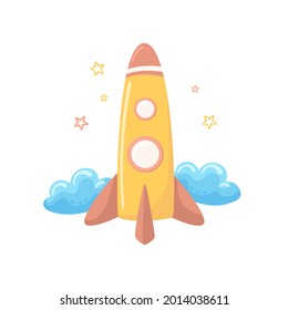 Cartoon rocket in the sky. Space ship with clouds and outline stars isolated on white background. Cosmic print for boys.