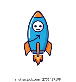 Foguete de Desenho Animado com Rosto Sorridente no Espaço, Ilustração Digital, Ambiente Divertido e Específico