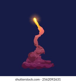 Cartoon rocket smoke flame curve trail, fireball launch vector illustration. Red plume spaceship or missile launching gas or vapor trace. Flight flame or start speed blast cloud tail, exhaust steam