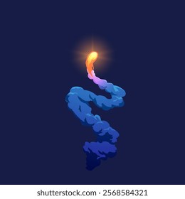 Cartoon rocket smoke flame curve trail, fireball launch exhaust steam vector illustration. Blue plume spaceship or missile launching gas or vapor trace. Flight flame or start speed blast cloud tail