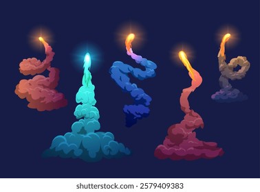 Cartoon rocket smoke flame curve trail, fireball launch vector set. Colorful plume spaceship or missile launching gas or vapor trace. Flight flame or start speed blast cloud tail, exhaust steam