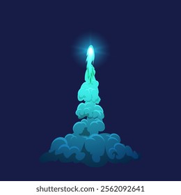 Cartoon rocket smoke flame trail, fireball launch with exhaust steam vector illustration. Blue plume spaceship or missile launching gas or vapor trace. Flight flame or start speed blast cloud tail