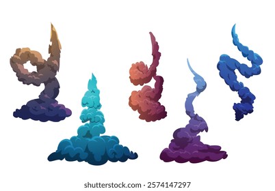 Cartoon rocket smoke flame trail vector illustrations set. Various plume spaceship or missile launching gas or vapor trace. Flight exhaust steam or start speed blast cloud tail. Smoke or fog effects