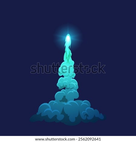 Cartoon rocket smoke flame trail, fireball launch with exhaust steam vector illustration. Blue plume spaceship or missile launching gas or vapor trace. Flight flame or start speed blast cloud tail