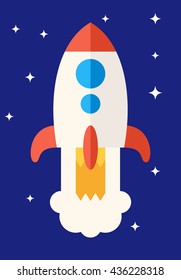 Cartoon rocket in space. Flat vector illustration