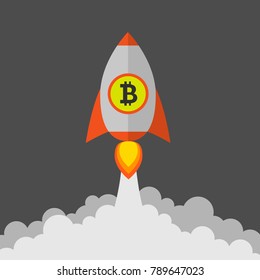 Cartoon rocket space ship with Bitcoin sign. Start-up concept, Vector illustration