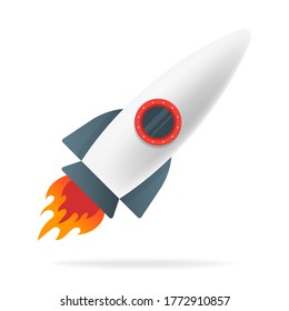 Cartoon Rocket Space Ship Isolated On White Backdrop With Shadow. Vector Flat Illustrations. Flying Rocketship. Travel Rocket To The Moon. Space Launch Rocket Launch. 