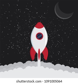 Cartoon rocket space ship take off, vector illustration.