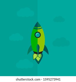 Cartoon rocket space ship take off, isolated vector illustration.Rocket launch, ship. concept of business. Green color 