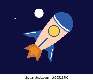 Cartoon rocket space ship take off,flat design on blue background.