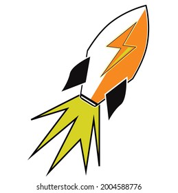 Despegar el barco espacial con cohetes de caricatura, ilustración vectorial aislada. Icono de nave espacial retro simple. logotipo de trueno, a la luna. chispas, chispas de motor. Nave espacial retro.
