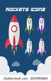 Cartoon rocket space ship take off, isolated vector illustration. different colors rockets with blue background. Simple retro spaceship icon.