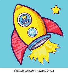 Cartoon Rocket Space Ship Take Off, Isolated Vector Illustration. Simple Retro Spaceship Icon.