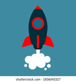Cartoon rocket, spaceship on blue background, vector illustration.