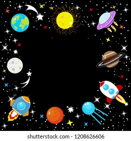 Cartoon rocket. Spaceship in space among stars, planet Earth and Moon, Mars, Jupiter, moon, UFO. Children's simple space frame. Constellation of the Galaxy on a black background. Vector illustration.