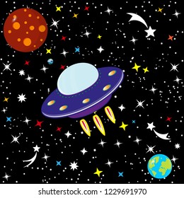 Cartoon rocket. Spaceship in space among stars, planet Earth , Mars, UFO. Children's simple space frame. Constellation of the Galaxy on a black background. Vector illustration.