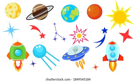 Cartoon rocket. Spaceship in space among stars, planet Earth and Moon, Mars, Jupiter, moon, UFO. Children's simple space frame. Constellation of the Galaxy . Vector illustration