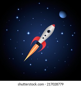 Cartoon rocket spaceship with space background and planets and stars. Vector illustration,  eps 10.