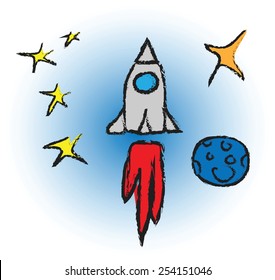 cartoon rocket spaceship with space background and planets and stars, vector design element