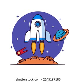 Cartoon rocket spaceships aircraft design vector illustration in flat line style