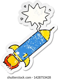 Cartoon-Rakete mit Sprachblase bedrückt alten Notizaufkleber