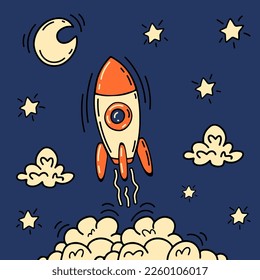 Cartoon rocket with stars, moon and clouds. Rocket launch in the sky. Cartoon vector illustration.