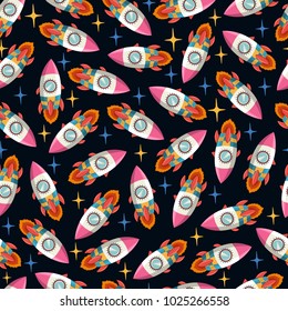 Cartoon rocket and stars seamless pattern. Vector texture on black background.