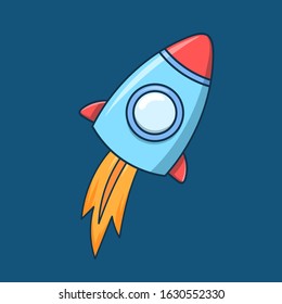 Cartoon rocket, starship flying up. Flat vector illustration on blue background.