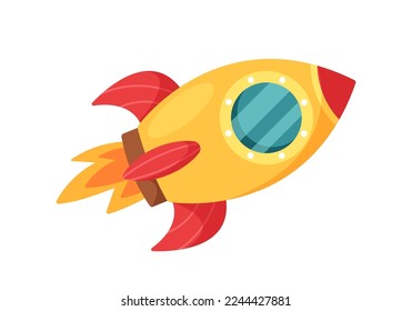 Cartoon Rocket, Starship, Missile Booster, Space Engine for Interstellar Travel Isolated on White Background. Spacecraft with Fire in Cute Childish Style, Graphic Element. Vector Illustration