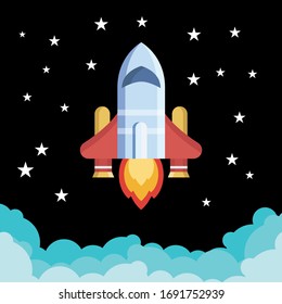 Cartoon rocket startups, spaceships taking off with fire and lots of smoke, vector illustration reinforcing creative ideas.