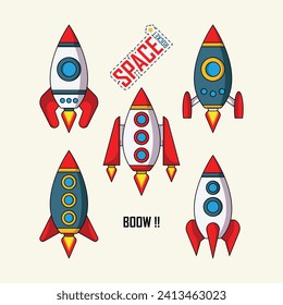 Cartoon rocket sticker pack, cute cartoon style. Vector illustration