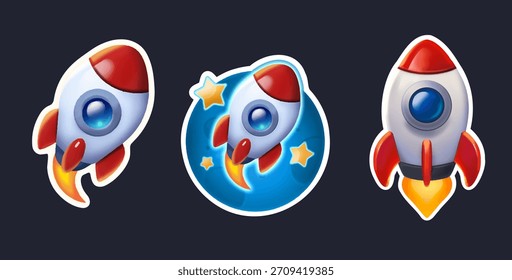 Conjunto de pegatinas de cohetes de dibujos animados. Iconos lindos del transbordador espacial 3D con el fuego y las estrellas en el fondo oscuro