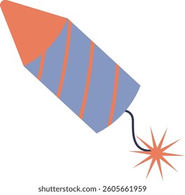 A cartoon rocket with stripes and a lit fuse in a minimalist style. The illustration depicts a cylindrical firework ready for launch with a glowing spark. Cartoon vector illustration.