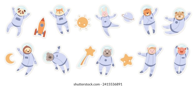 Cartoon rocket and sun in galaxy, funny astronauts characters from cosmic zoo. Cute animals in spacesuits flying in space with stars, moon and spaceship, stickers for kids set vector illustration.