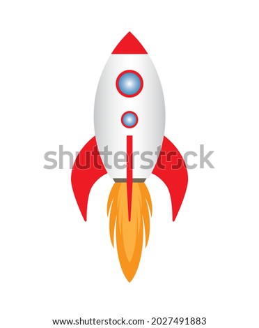 Cartoon rocket take off on white background. Spaseship astronave launch. Start up, business growth, market launch product concept. Vector illustration.
