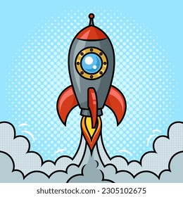 cartoon rocket takes off pinup pop art retro vector illustration. Comic book style imitation.