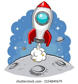 Cartoon rocket takes off from the planet, vector illustration