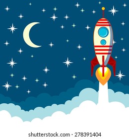 Cartoon rocket taking off against the backdrop of the moon and clouds  with space for text. Stock Vector illustration.